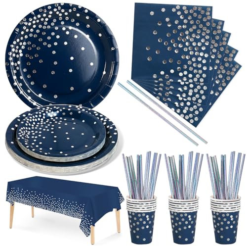 Nkaiso 126 Pezzi Blu Navy e Argento Stoviglie per Feste, Festa Decorazioni Set Include Piatti di Carta Tovaglioli Tazze di Carta Cannucce Tovaglia,per Nuziale Matrimonio,Compleanno -25 Ospiti