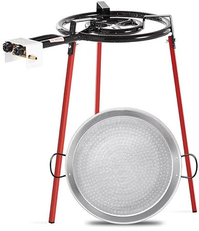Callow Retail Paella Cooking Set with Polished Steel Paella Pan, Gas Burner, Legs and Skimming Spoon - Paellera Set for use at Home or Garden Outdoor Cooking (46cm Pan with 35cm 2 Ring Burner)