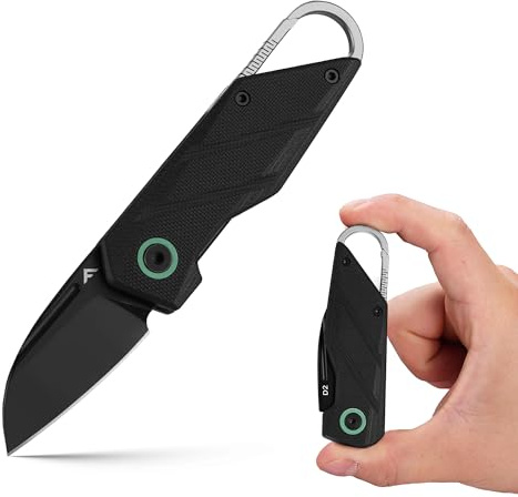 FLISSA Mini Taschenmesser, Klappmesser ohne Verriegelung, D2-Stahl Klinge | EDC-Klappmesser mit Titan-Clip, G10 Griff & Karabiner, Leicht & Tragbar, Schlüsselanhänger Messer für Alltag & Camping
