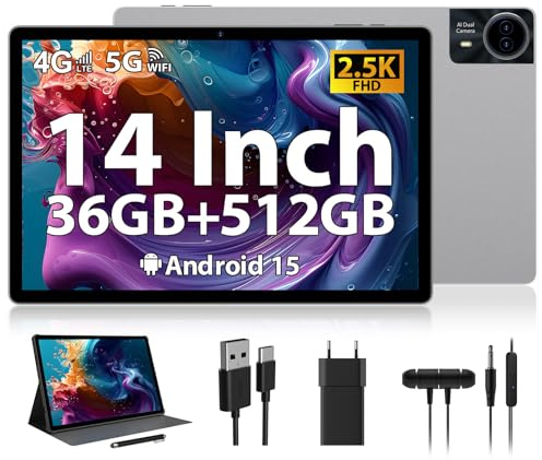 RUSHAR Tablette 14 Pouces Android 15 avec 36Go RAM+512Go ROM (1TB TF), 4G LTE/SIM+5G WiFi, 11580mAh | 2240 * 1400HD | Octa-Core 2.0GHz | 13MP+8MP | Face ID | BT 5.0, Tablette avec étui, Silver