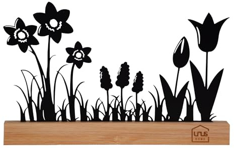 UNUS Aufsteller Frühlings-Dekoration aus Bambus & Metall, Blumenwiese | mit Tulpen & Narzissen, Filigrane Tisch- und Fensterbank-Deko, Nachhaltig, schwarz