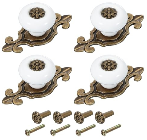 PATIKIL Retro keramiska knoppar 1-1/4 tum, 4 st vintage runda lådknoppar byrå kronblad drar handtag med bakplatta/skruv/mutter för köksdörr skåp garderob, vit