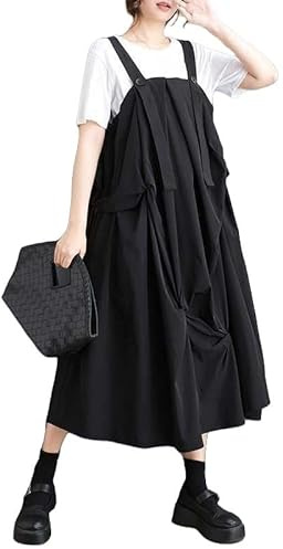 LIUYUYOUGO Robes Casual Femme Robe Chasuble Noire Longue Asymétrique pour Femme Salopette Bretelles Réglables sans Manches Jupes Débardeur Mode Estivale Ample Coupe Trapèze Robes Midi XL