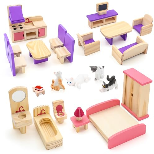 25PCS WoodenDoll House Furniture Set,Toys for GirlsBoys ChildrenToddlers 3+