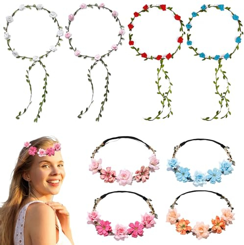 PYSEOSISE Corona de Flores Mujer, 8 Piezas Diadema de Flores, Diadema Floral de Guirnalda Elegantes Guirnalda Flores para Mujeres Festival Fiestas Bodas Playa