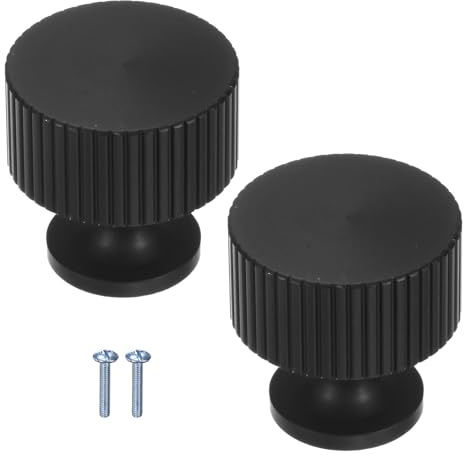 M METERXITY 2-Pack Cabinet Knobs 1-1/10in Black | Matte Black, Striped Round, Modern Aluminum Handles, for Dresser Drawers, Office Decorative, Kitchen Bathroom Door
