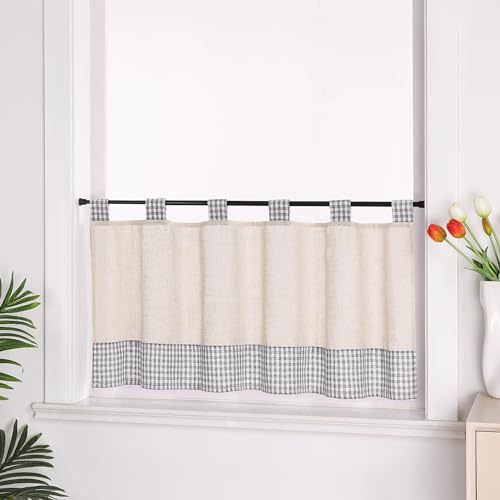 Joyswahl Scheibengardinen Leinenoptik Kurz Bistrogardine mit Schlaufen Landhausstil Beige Küchengardinen Lichtdurchlässig Kurzstores Grau HxB 60x145 cm 1er Pack