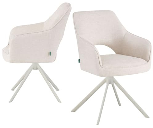 DUBI Möbel® Design Esszimmerstühle Thomas-Cleo 2er Set in Premium Webstoff Weiß– Armlehnstuhl mit Federkernpolsterung und Design Gestell in Weiß, 360° Drehgestell mit Auto-Rückstellfunktion
