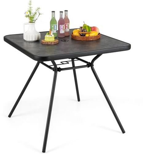 COSTWAY Tavolo da Pranzo 80 cm, con Foro per Ombrello da 4 cm | Tavolino Bistro in Metallo, con Coperchio, per Giardino, Cortile, Portata 100 kg