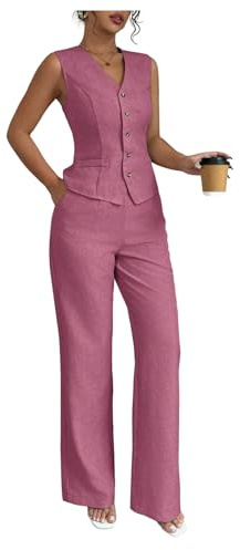 SOLY HUX Women's 2 Piece Outfits V Neck Button Down Vest Tops and High Waisted Pants Set Office Work Suit Plain HotPink Medium