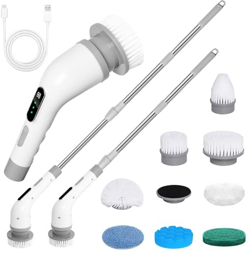9 in 1 Spazzola Rotante Pulizia Casa, Spazzola Elettrica per Pulizia Grande Potenza per Cucina, Auto, Piastrelle, Pareti, Pavimenti, Doccia, Lavavetri Elettrico con 3 Velocità Regolabili