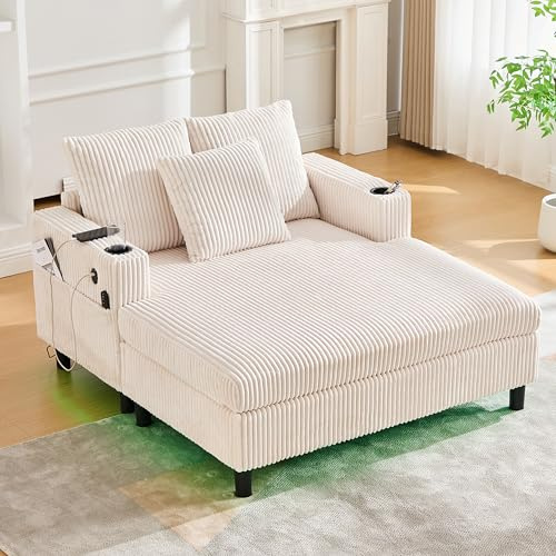 Seyakany - Sillón reclinable con portavasos laterales, puertos USB e iluminación ambiental LED integrada, sofá de 2 plazas, perfecto para el salón, el dormitorio, terciopelo, color beige