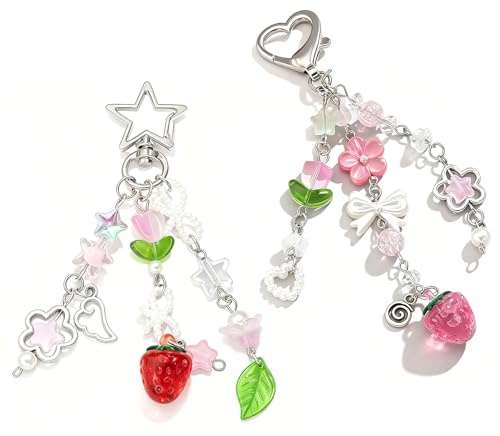 Alyxen Porte-clés Y2K,Porte-clés Rose Mignon Porte-clés Fantaisie Porte-clés Esthétique Y2K Noud Étoile Fraise Breloques Étoile Porte-clés pour Femmes Porte-clés Tendance Breloques de Sac