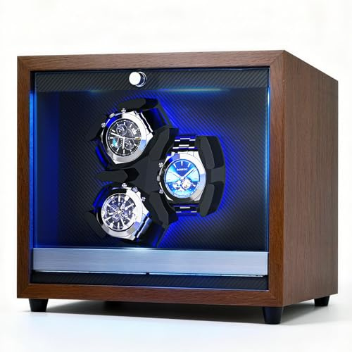 Carica Orologi Automatici, Scatola Watch Winder per Orologi Automatici con 4 Modalità di Rotazione & Luce Ambiente Blu - 3 Watch Winder con Motore Silenzioso, Alimentatore USB, Regalo per Uomo