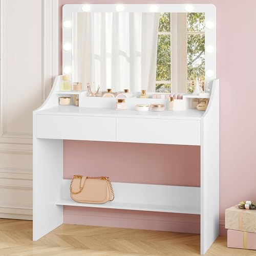 Hzuaneri Coiffeuse avec Grand Miroir HD, Coiffeuse avec Éclairage LED, Dressing Table avec Tiroirs，Cloisons de Comptoir, pour Chambres et Dressings, Moderne, Blanc DT43103XEU