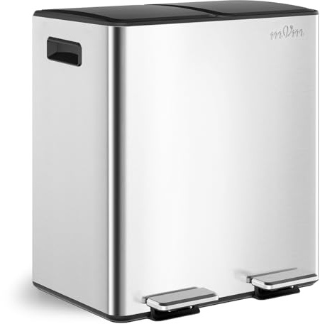mVm Kitchen Bin,40L Dual Rubbish Bin,2 x 20L Stainless Steel Pedal Bin,Double Recycling Bin with ABS Lids and Plastic Inner Buckets,Soft-Close,Fingerprint Proof,Odour Seal,Large Capacity Trash Can