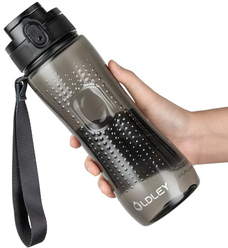 OLDLEY 750ml/25oz Sports Water Bottles, BPA Free Drinking Bottles for School Plastic Clear Water Bottle Leakproof & Filter & No Straw & Time Markings for Gym Sports Cycling (Transparent Black)