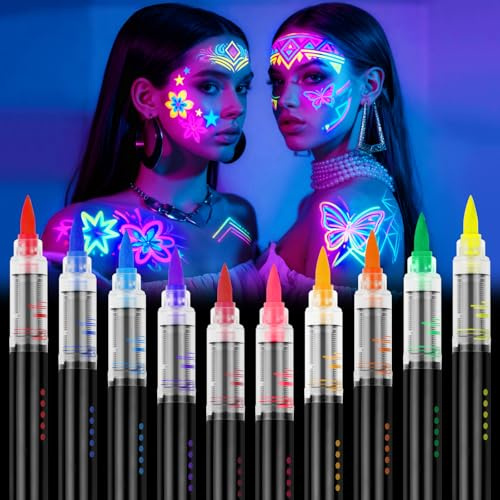 LOPHE Fluorescerande ansikts- och kroppsmakeuppennor, 10 färger tvättbara UV-fluorescerande färgglada neonkit, säker och giftfri kroppsmålning för fest, cosplay, halloween och jul (A)