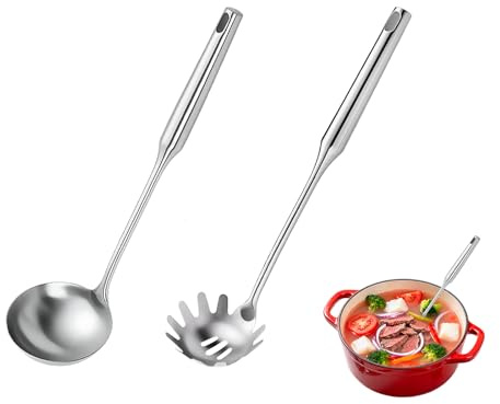 Stainless Steel Soup Ladle Utensils Set Includes Soup Spaghetti Spoon Extra Deep Large for Broths Sauces Easy to Clean Dishwasher Safe Metal Ladels with Slotted Holes for Strain Pasta