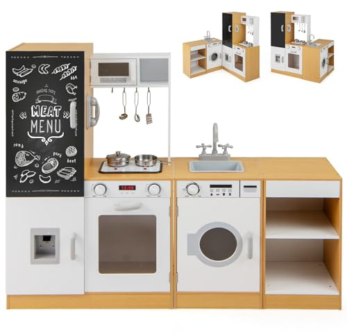 FANTASK 3 in 1 Holz-Spielküche, Kinderküche mit Licht & Sound, Puppenküche mit Spüle, Waschmaschine, Wasserspender, Tafel, Ofen & Kochgeschirr, Kleine Küche für Kleinkinder ab 3 Jahren