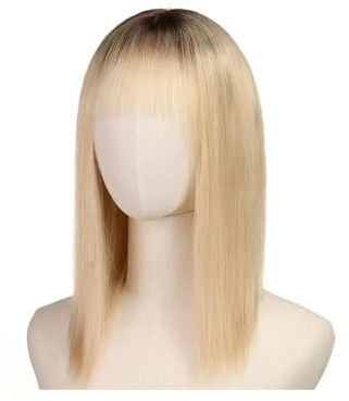 JIANBOHAIRS 9×9 Echthaar-Topper mit Pony 16 Zoll for Frauen, Remy-Echthaar mit mehreren rutschfesten Clips und großflächiger Basis, 150 Dichte for Thinning Hair(Ombre Light Blonde)