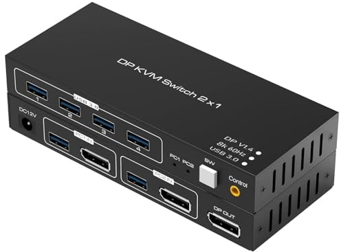Tendak Commutateur KVM DisplayPort 2 x 1 USB 2 ports pour ordinateur PC DP Commutateurs KVM Clavier Souris Commutateur avec HUB USB 2.0 Support 4K @ 60Hz 3D HDCP 2.2