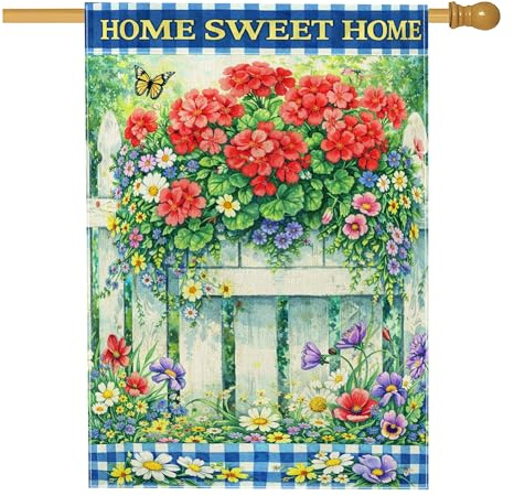 Bandera de geranio, valla de mariposa de jardín de primavera, color rojo, doble cara, arpillera delantera, porche, banderas decorativas para patio al aire libre, entrada, camping, 28 x 40 pulgadas