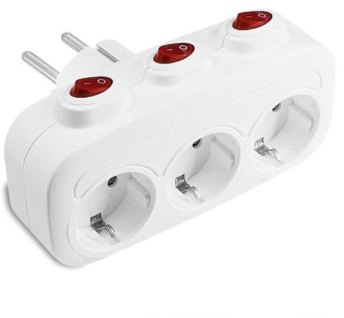 Steckdosenadapter mit 3 horizontalen Steckdosen und 3 unabhängigen Schaltern - Mehrfachstecker für die Wand für Küche Büro - Weiß