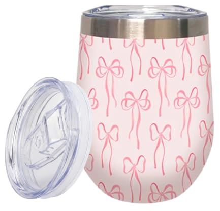Bow Print Wine & Coffee Mug - Stainless Steel Insulated Travel Tumbler with Lid, Double Wall Vacuum Cup for Hot & Cold Drinks (Pink)
