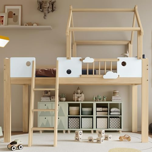 HUQIQWE Lit Mezzanine 90x200 avec Toit, Barrière 4 Côtés, Échelle Inclinée 3 Marches, Cadre Pin + MDF, Lit en Hauteur Lit Cabane Lit 1 Place Lit en Bois pour Chambre