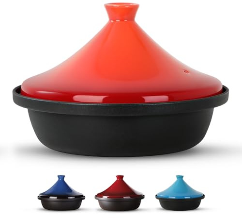 Culivora Moroccan Tagine for Cooking: Enameled Cast Iron Cooking Pot, Slow Cooker, Classic Kitchen Cookware, Tajine with Ceramic Cone-Shaped Closed Lid, 3.3 QT, Orange