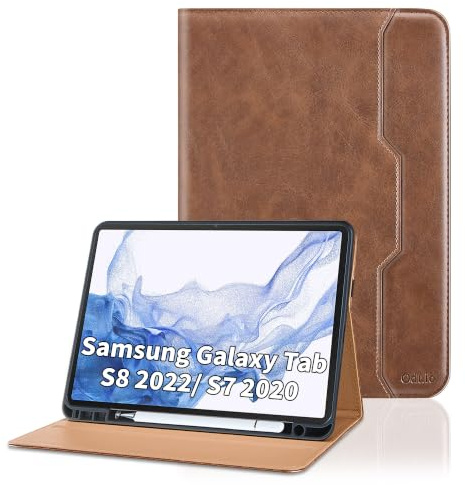 Funda para Samsung Galaxy Tab S8 2022/ S7 2020 11 Pulgadas PU Leather Ángulos Ajustables Tablet Case con Supporto Funzione y Bolsillo- Marrón Mate