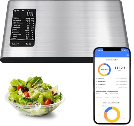 Bilancia da cucina digitale con calcolo dei valori nutrizionali e analisi dei dati calorici, bilancia alimentare intelligente con app, 19 nutrienti, bilancia alimentare ad alta precisione, 10 kg/1 g