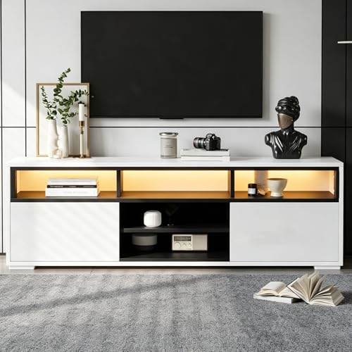 VIVCA Mueble bajo para TV de alto brillo de 150 x 35 x 50 cm, con espacio de almacenamiento, 2 puertas, 8 almacenes, color blanco