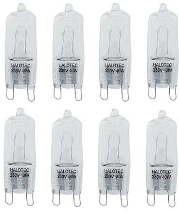 HALOTEC Pack de 8 Bombillas halogenas con bipin G9 230V 40W color blanco cálido con intensidad regulable, capsula transparente con 410 lúmenes, filtro UV