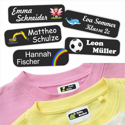 Indigos UG Namensschilder für Kleidung & Gegenstände schwarz - 35x10mm - 60 Sticker - Namensaufkleber Kinder Schule - Kindergarten, KITA - für Wäscheetiketten selbstklebend