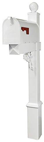 4Ever Products The Truman Vinyl/PVC Mailbox Post (Includes Mailbox) Complete Decorative Curbside Mailbox System with Classic Traditional Style (White Mailbox)