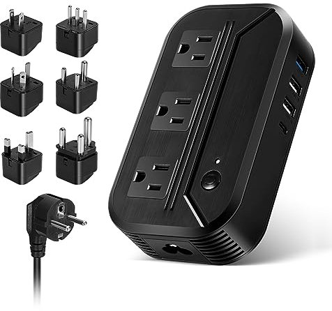 2300W Voltage Converter International Step Down 220V/240V to 110V/120V Travel Adapter with 3USB + 1 Type C + 3 AC Outlets + 7 World Plug Adapters for