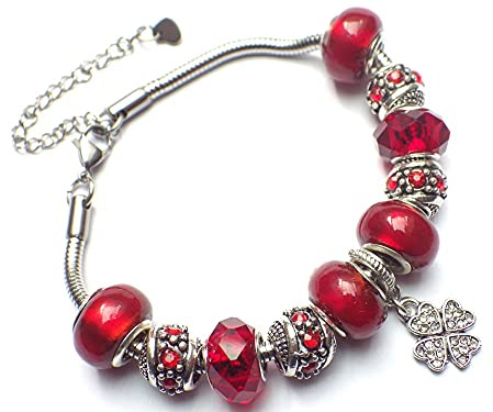 Bracelet Charms rouge pour femme en acier inoxydable Thurcolas modèle Manhattan avec pendentif trèfle sertie de cristaux