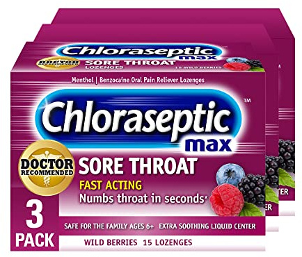Chloraseptic Max Strength Sore Throat Relief Lozenges, Wild Berry, Drops with Liquid Center to Numb Sore Throat, 15 Count, Pack of 3