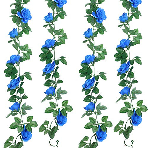 Guirnaldas de Rosas Artificiales Vid de Rosas Guirnaldas Colgantes de Hojas Vid de Flor de Rosa Falsa Decoración de Fiesta de Boda en Hogar, 14,4 ft (Azul Real, 2 Piezas)