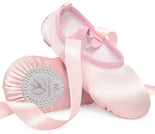 Balettskor, rosa, balettskor, satin med band, dansskor, delad lädersula för flickor, barn, kvinnor, i storlek 24–40, ROSA, 25 EU