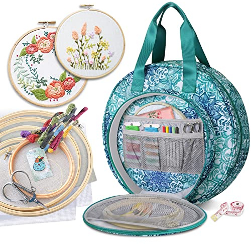 FINPAC Stickerei-Projekttasche, Stickzubehör, Aufbewahrungstasche mit mehreren Taschen für Sticktwist, Stickrahmen, Faden, Stichwerkzeug-Set [nur Tasche] - Smaragd-Illusionen