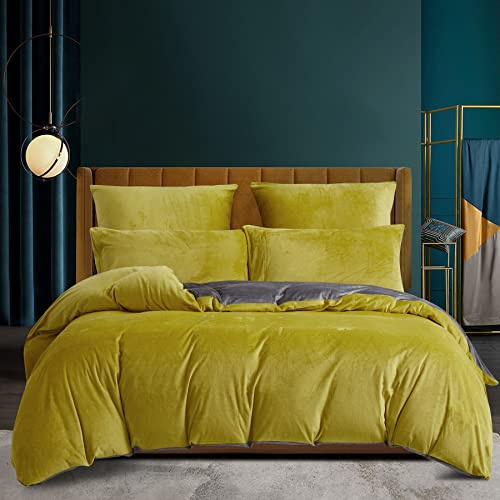 Warm Fleece Bettwäsche 135x200 Winter Gelb Grau Cashmere Touch Plüsch Bettwäsche Bettbezug Flauschig Microfaser Samt Bett Plüschbettwäsche135x200 Set Reißverschluss mit Kopfkissenbezug 80x80 cm