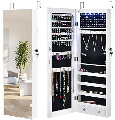 COSTWAY Armoire à Bijoux avec Miroir, Armoire à Bijoux Verrouillable avec 6 Lumières LED, Doublure et Divers Espaces de Rangement, Fixation Murale/Porte, 36 x 10 x 108 cm, Blanc (Blanc)