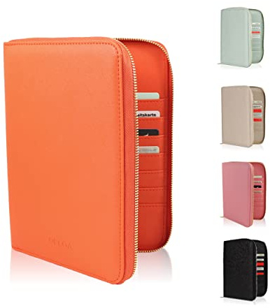 DELOA | Organiseur Documents Famille 3 en 1 – Porte-Documents Voyage et carnet de santé – Pochette passeports et papiers Importants – Similicuir Effet Saffiano (Orange)