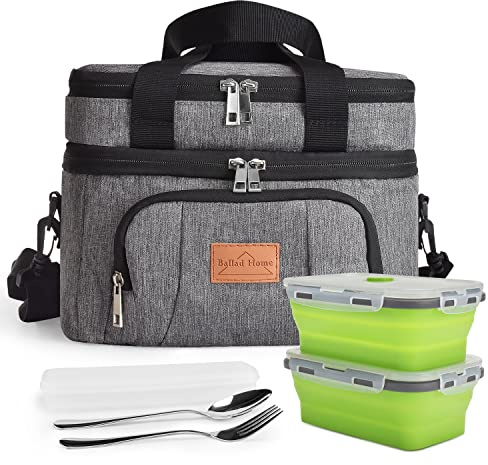 BalladHome 10L Kühltasche Lunchtasche Picknicktasche Isoliertasche Tragbar Kühlbox Wiederverwendbare mit 2 Faltbar Brotdose und Besteckset Thermotasche (Grau, 2 Brotdose)-B