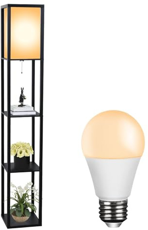 YU YUSING Stehlampe Stehleuchte Holz Regal, Stehlampe Wohnzimmer, Schwarz | mit E27 Birne Leselampe mit Holzregal 1,6m Innenbeleuchtung für Whonzimmer Schlafzimmer Büro mit Lampe