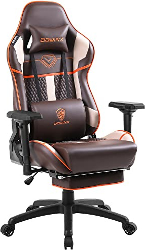 Dowinx Gaming Stuhl - Bürostuhl mit Hoher Belastbarkeit- PU Leder Gamer Stuhl mit 4D Armlehnen und Fußstütze - Ergonomischer Gaming Chair - als Gaming-Sessel Geeignet - 150 kg(Braun)