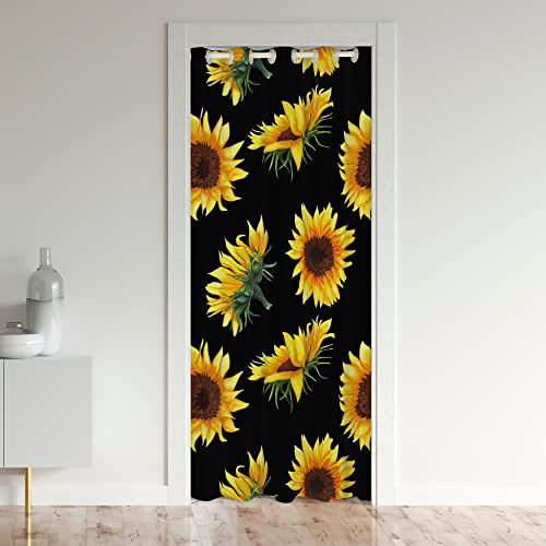 Loussiesd Sunflower Door Curtain for Doorway Privacy 86x203cm 1 Panel Yellow Flowers Pattern Closet Door Cover Curtain Floral Print Botanical Print Black 30%-50% Room Darkening Blackout Curtain